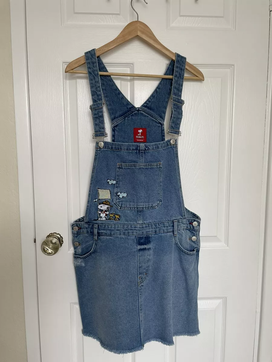 Snoopy Peanuts Denim Embroidered Dungaree Dress Bib Brace Skirt Size 8 10  12 14