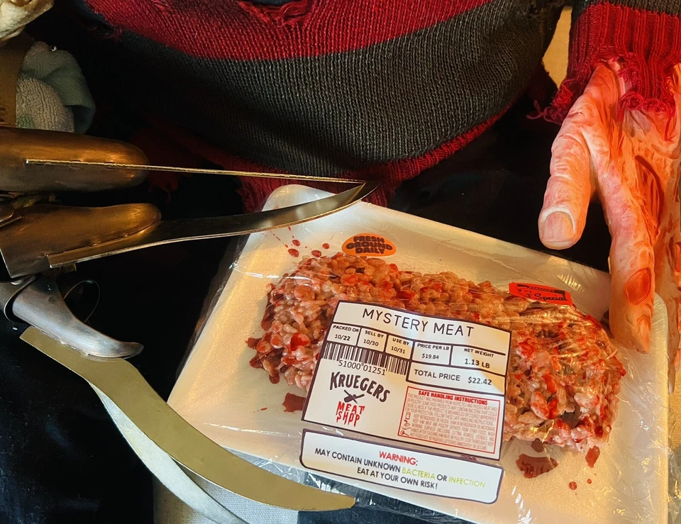 Juego de 20 etiquetas de carne misteriosa de Halloween Freddy Horror carne falsa arroz crujiente hágalo usted mismo Foto 4 de 4