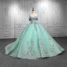 Off Shoulder 3D Flowers Evening Dress Sweetheart Pearls Lace Appliques Ball Gown