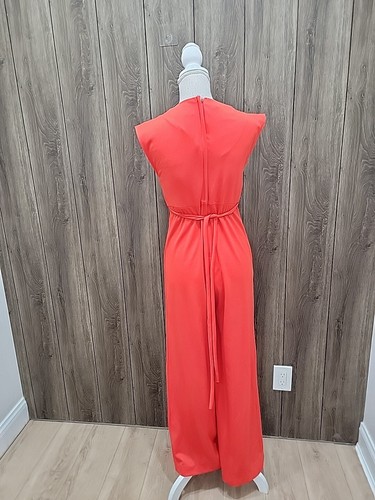 Vintage 70s Scarlett Color Jumpsuit Tie Waist Disco Cowl Neck 1970s Polyester - Picture 6 of 10