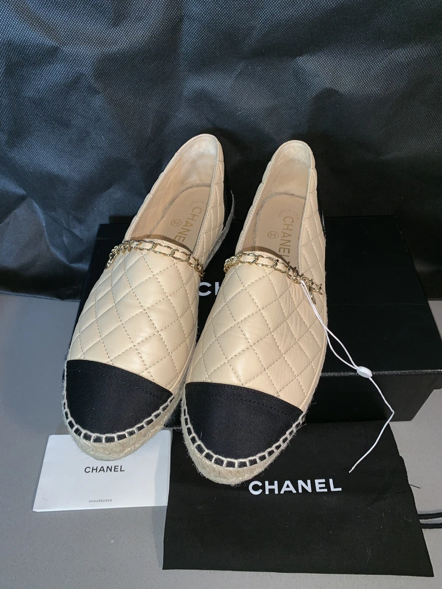 Rare CHANEL 2 Tone Beige Quilted Leather Black Cap CC Espadrilles Loafers  Flats