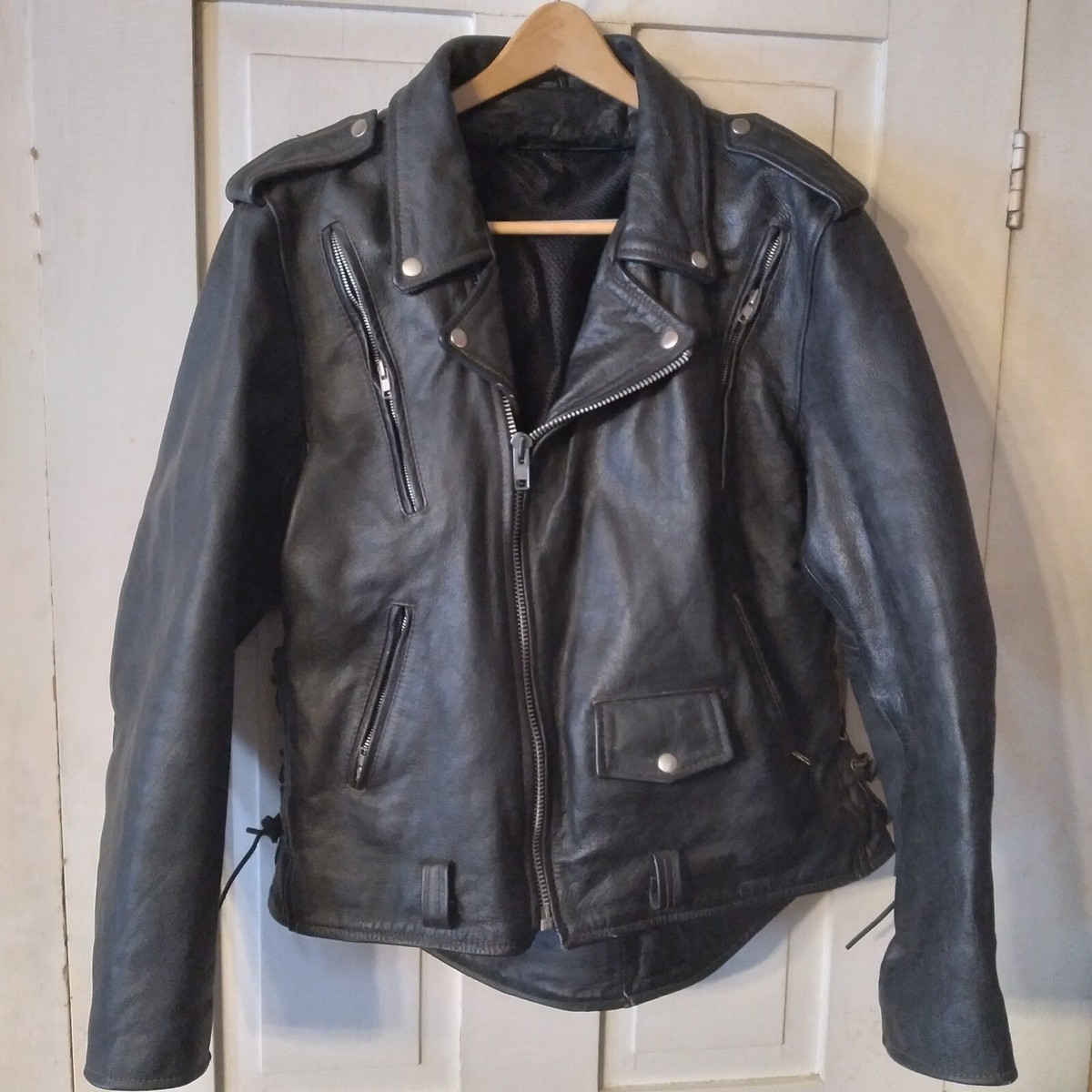 Black Leather Motorcycle Biker Jacket Thick Heavy Mens Vintage