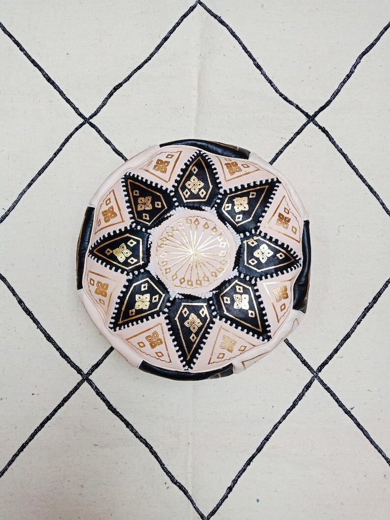 Pouf Moroccan Hassock Pooff Leather Pouff Ottoman Footstool MED Black& Cream