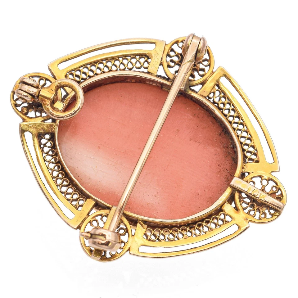 Antiguo broche camafeo colgante oro amarillo 10K coral rojo y perlas Foto 4 de 4