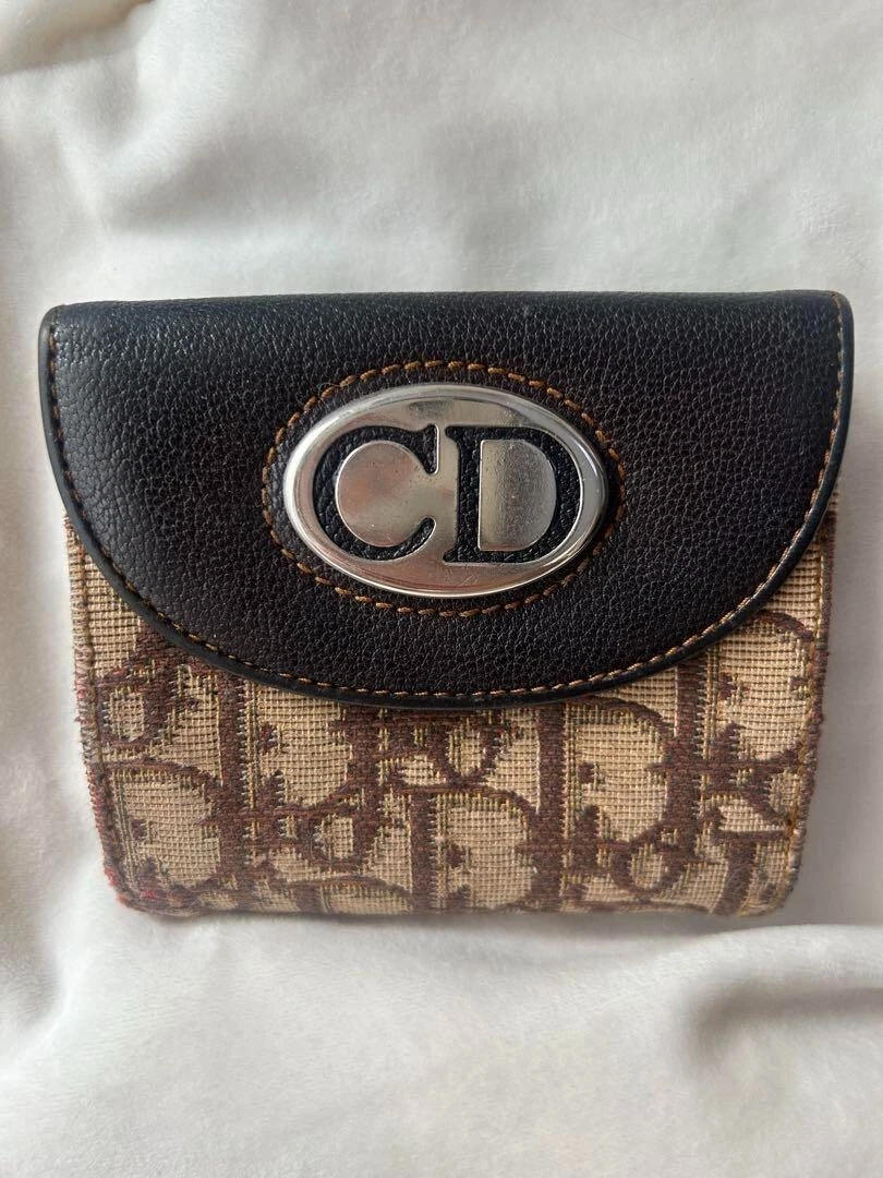 Portefeuille compact Christian Dior trotteur toile cuir double pli marron 2444