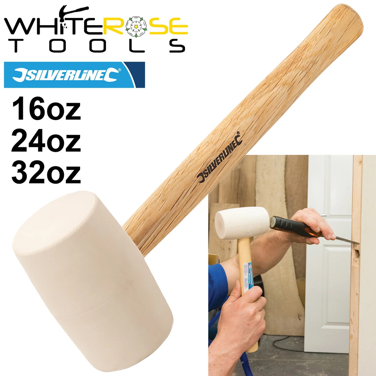 Silverline White Rubber Mallet Hammer Hardwood Shaft Handle 16oz 24oz 32oz DIY