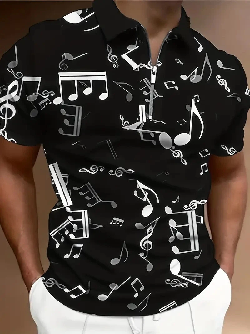 Polo T Shirt Black Musical Note Zipper Golf Dress Music Fashion Soft Zip Men Tee