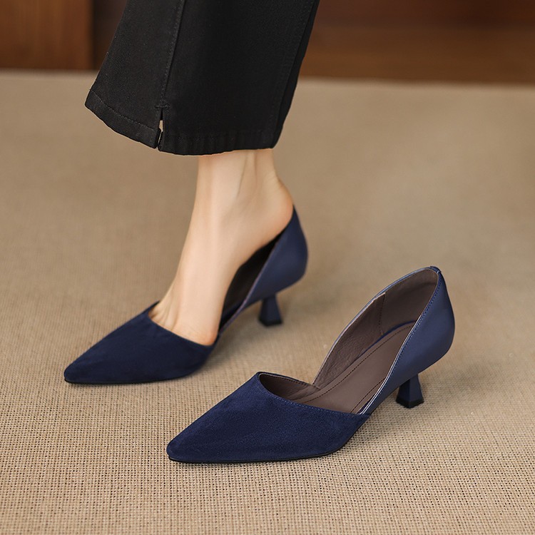 Women Pointed Toe Real Suede Leather Mid Kitten Heel Pumps Shoes Ladies Party OL