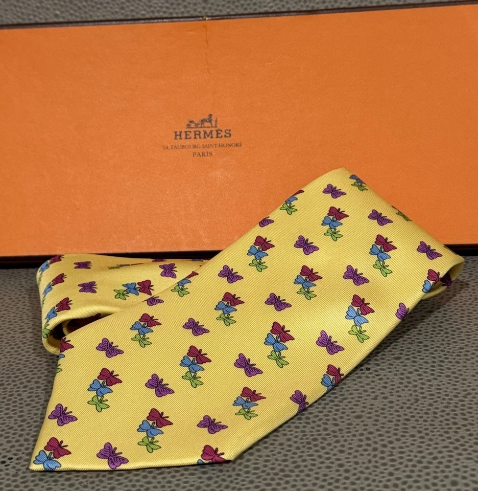 Corbata HERMÈS edición especial 2007 para NEIMAN MARCUS 100 aniversario patrón mariposa Foto 2 de 4