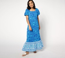 Isaac Mizrahi Live! Women's Dress Sz L Printed Puff Sleeve Maxi Blue A640765