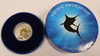 2011 Fiji S$2 Pacific Swordfish 1oz Silver with Gold Gilded Coin w/ OGP