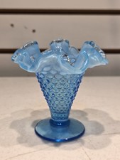 Vintage Fenton Hobnail Trumpet Vase Light Blue Aqua Opalescent With Ruffled Edge