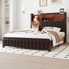 Full Queen Bed Frame with 3-Tier Storage PU Leather Headboard, Charging Station