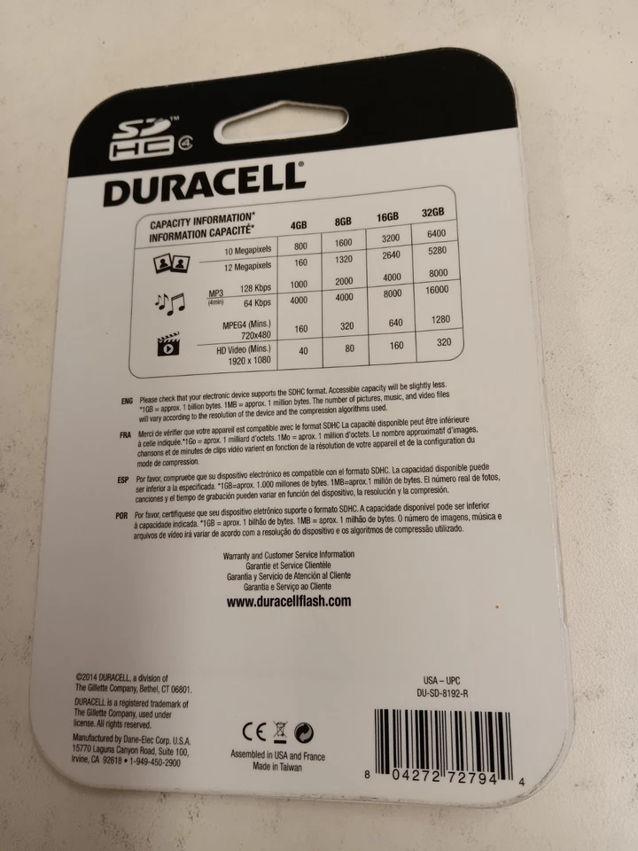 NEW Duracell 8GB SD Memory Card Secure Digital High Capacity Speed SDHC - Image 2 of 2