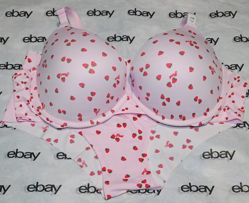 NEW Victoria's Secret Pink Everywhere Push-Up Bra Strawberry 40C & Cheeky Set XL