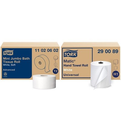 Tork Mini Jumbo Bath Tissue Roll (12 rolls) and Matic Paper Hand white 