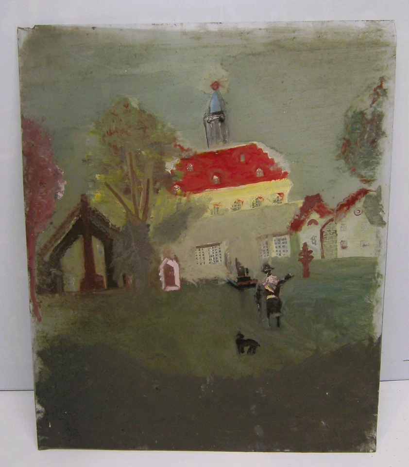 Antique Folk Art Reverse Painting on Glass Man Dog Church Grandma Moses Style - Image 4 of 4