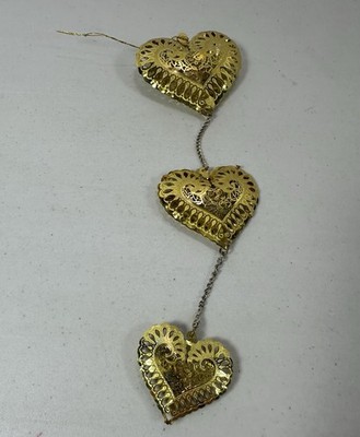 Vintage Tin Gold Color Hanging Heart Decorative Ornament Tiered