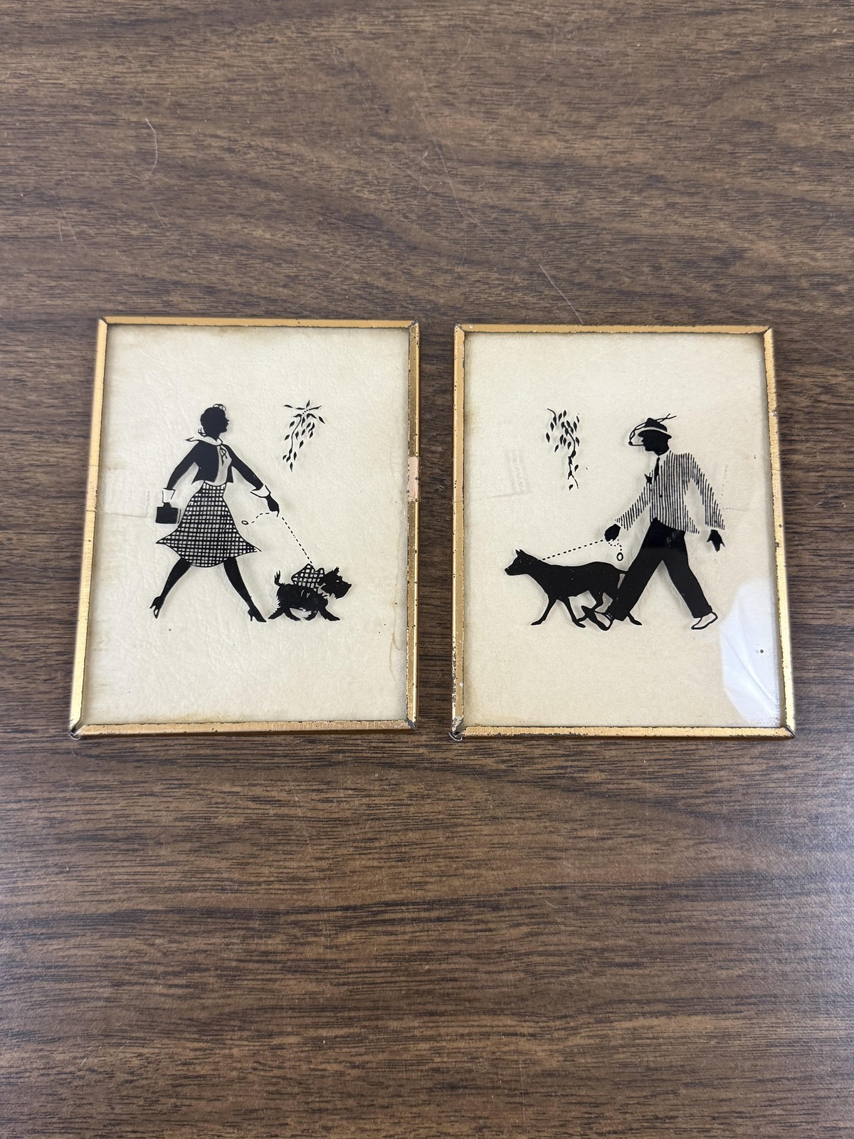Vintage Mid Century Dog Walker Silhouette Prints Set 2 Small Framed Black USA