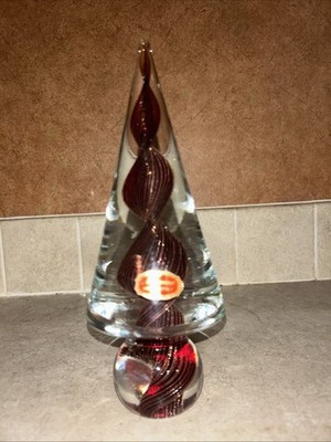 Murano Glass Red Twist Christmas Tree 9  w/ Gold Flecks & Tag Fast Ship