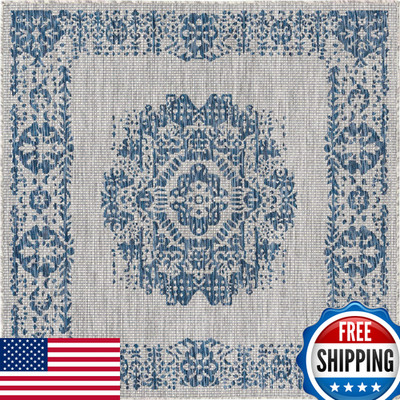 Unique Loom Outdoor Traditional Collection Area Rug - Timeworn 5 3 Square Blue/