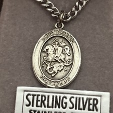 NIB Sterling Silver Catholic Saint St. George Dragon Slayer Pray For Us Pendant