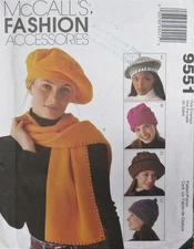 McCalls 9551 Womens Accessories Beret Hat Cap Scarf Tote Roll Up Blanket Pattern