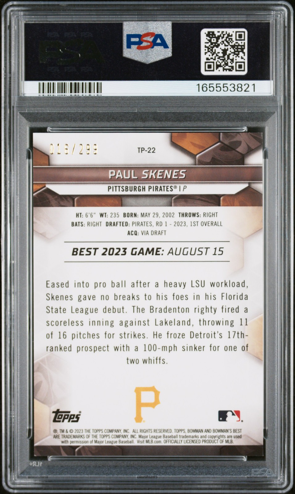 2023 BOWMAN'S BEST TOP PROSPECTS MINI DIAMOND REFRACTOR PAUL SKENES 16/299 PSA 8 view 2
