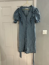 F&F Blue Denim Shirt Dress - UK 8 V-Neck Short Puff Sleeve Belted Button