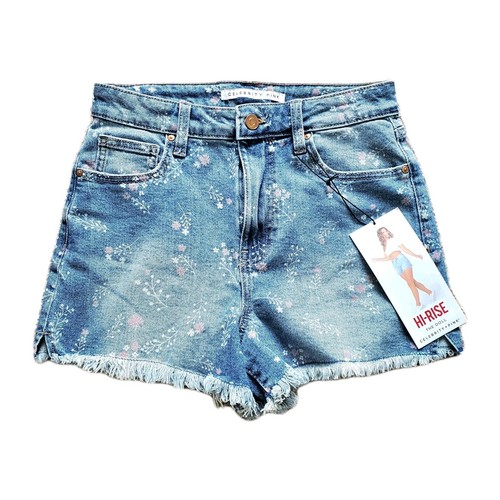 Celebrity Pink Denim Shorts Size 5/27 Blue Floral The Doll Raw Hem High Rise NWT