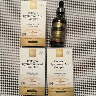 SOLGAR Collagen Hyaluronic Acid Complex 30 Tablets x 3 PACK + Liquid Vitamin E