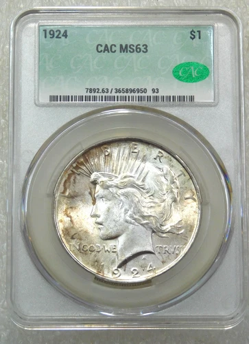1924 Peace Dollar CACG MS63 CAC Frosty Just Graded New Holder #T292D