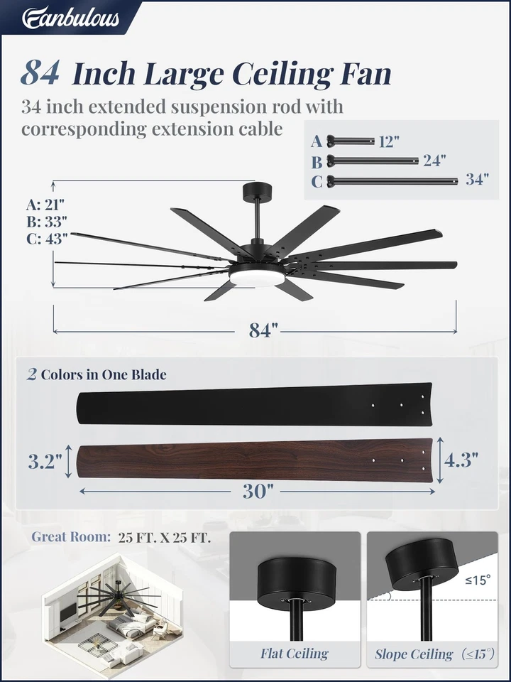 84 Inch Industrial Ceiling Fans with Lights, Large Ceiling Fan with Quiet DC Mot - Image 3 of 4