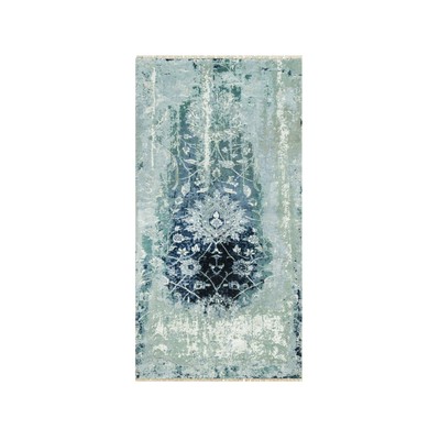 3'x5'10'' Blue Hand Knotted Erased Zoroastrian Wool and Silk Runner Rug R90470