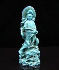 Chinese turquoise hand-carved statue Guanyin Long Ruiyi, exquisite -
