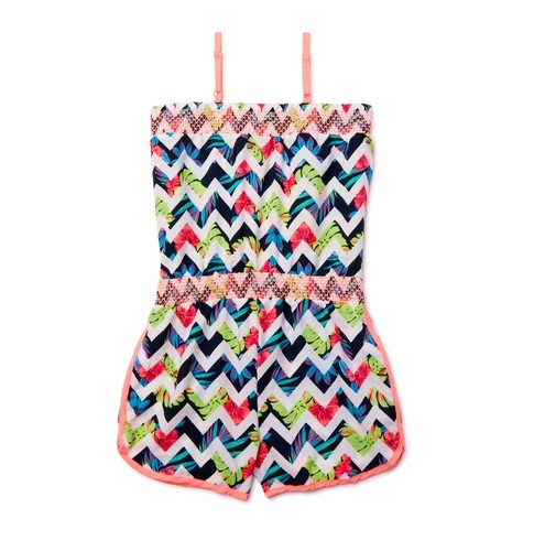 NWT 1-Piece Girls 10-12 Tropical Sleeveless Tie Waist Romper Short Set - Picture 3 of 4