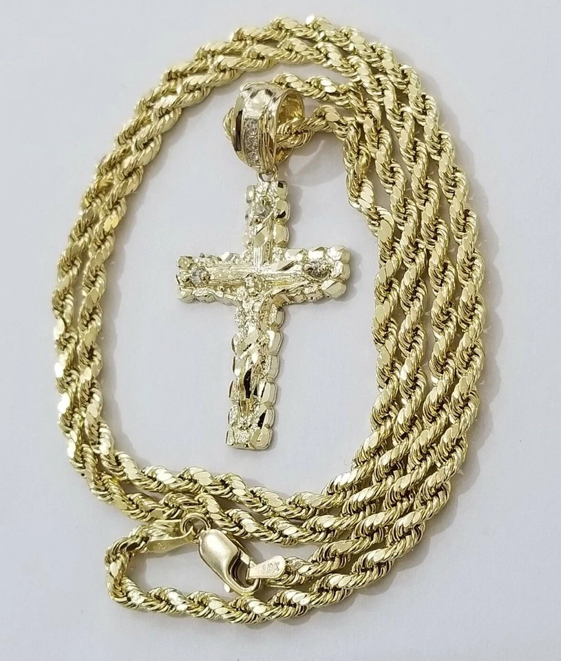 Real 10K Gold Rope Chain Necklace & Jesus Cross charm Pendant 3mm 16 -28 in Set - Image 4 of 4