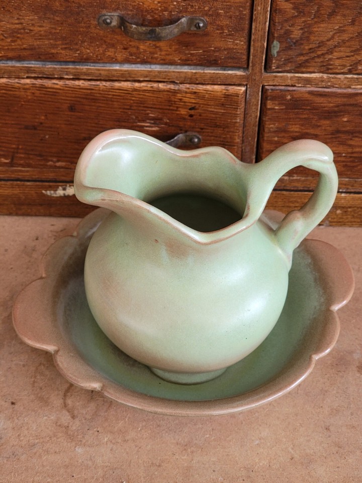 Vintage Frankoma Glazed Pottery Pitcher & Bowl Set MCM Prairie Green
