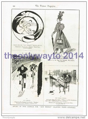 Neue Frau, 4 Comic-Skizzen, Buchillustration, um 1895