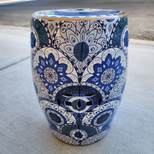 Dekoracyjny stołek ceramiczny niebieski mozaika mandala dekoracja domu kształt urny stolik boczny - Zdjęcie 1 z 7