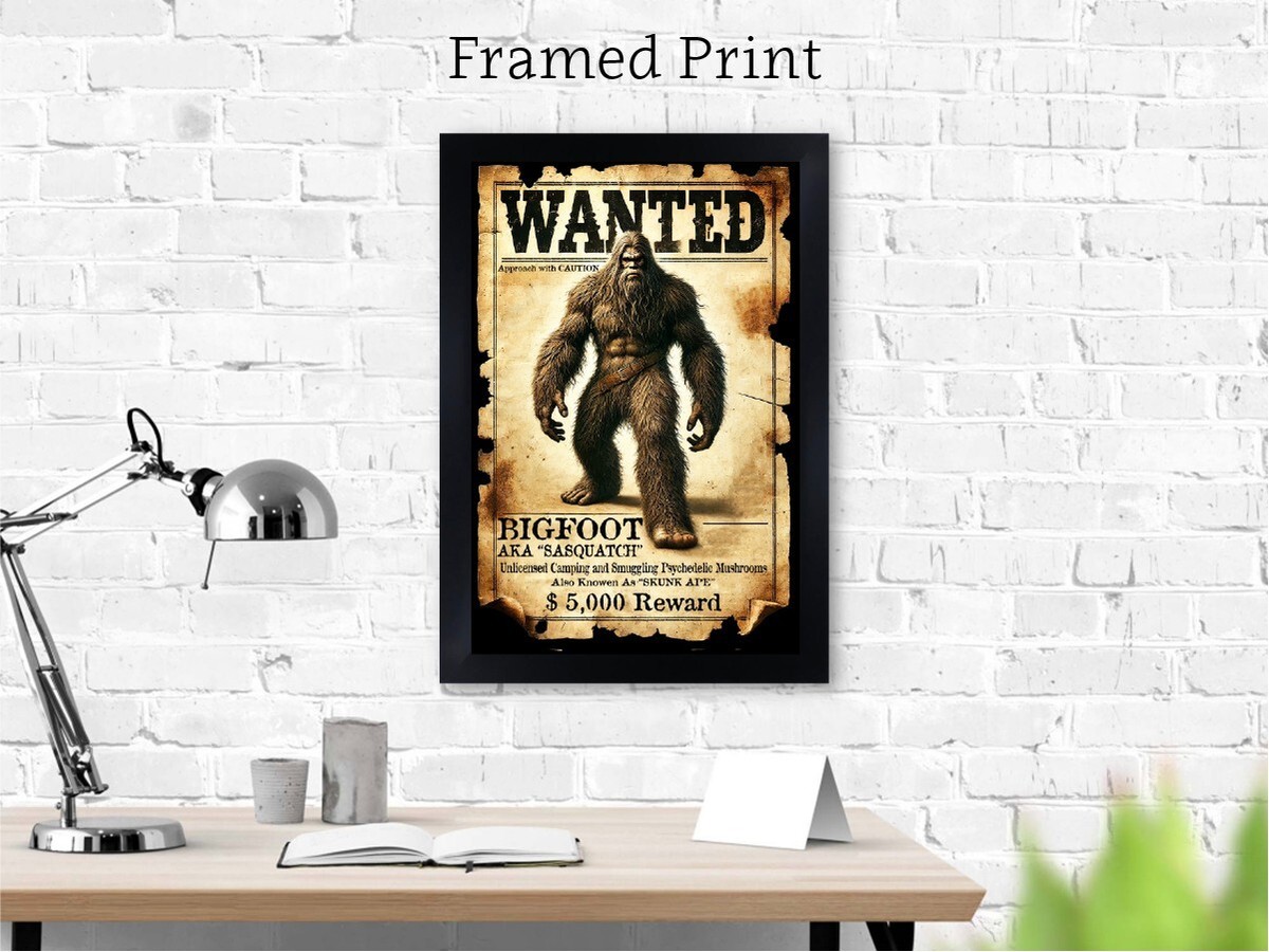 Bigfoot Wanted Poster Sasquatch Skunk Ape Fine Art Rustic Style