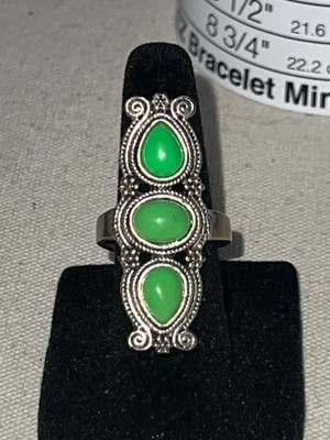 Tibetan Silver-tone Ring w/ Green Cabochons Stacked Vertically, Size 6