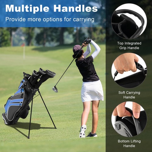Lightweight Golf Stand Carry Bag W/6 Way Top Dividers & 8 Pockets Rain Hood Blue - Picture 7 of 8