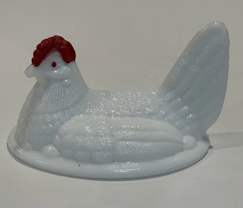 Vtg. Westmoreland Milk Glass Red Comb Split Tail Hen on Nest Lid