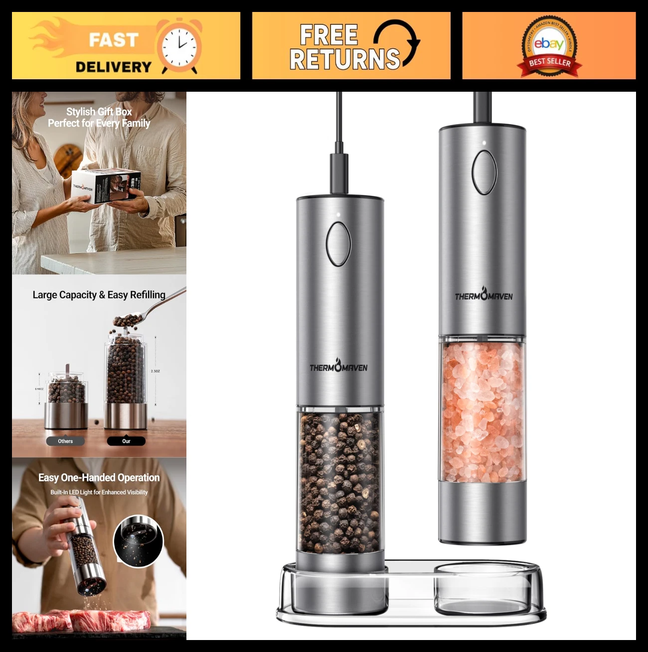 Upgraded Electric Salt & Pepper Grinder Set - 110ml Rechargeable, LED Light, Sta