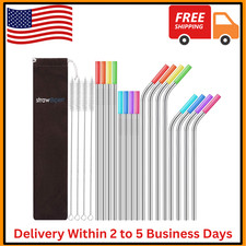 16 Pack Reusable Stainless Steel Straws with Silicone Tips Metal Drinking Straws
