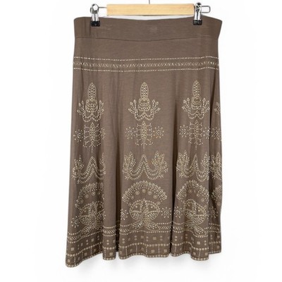 Basil Womens L Taupe Brown Studded Embellished Boho Jersey Midi Skirt Gold Bead