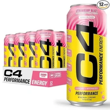 C4 Energy Drink Pack Of 12 Strawberry Blast Flavors Sugar Free 200Mg Caffeine