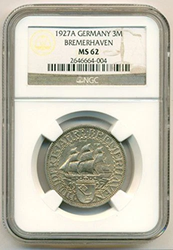 Germany Weimar Republic 1927 A Silver 3 Mark Bremerhaven MS62 NGC