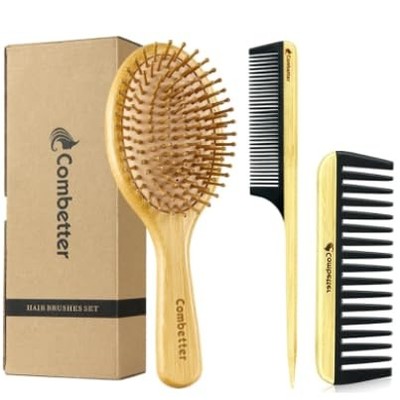 Bamboo Hair Brush and Comb Set, Massage Scalp Detangling Hairbrush for Hair G...